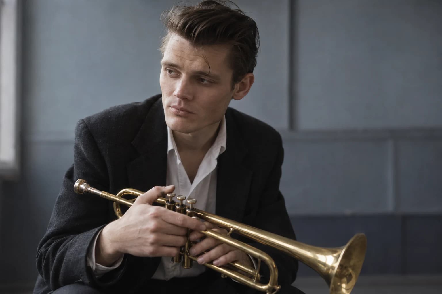 Portrait de Chet Baker tenant sa trompette, création IA au rendu photographique