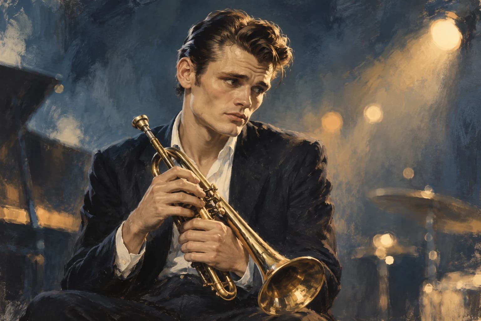 Portrait peint de Chet Baker, illustration originale créée avec l’IA