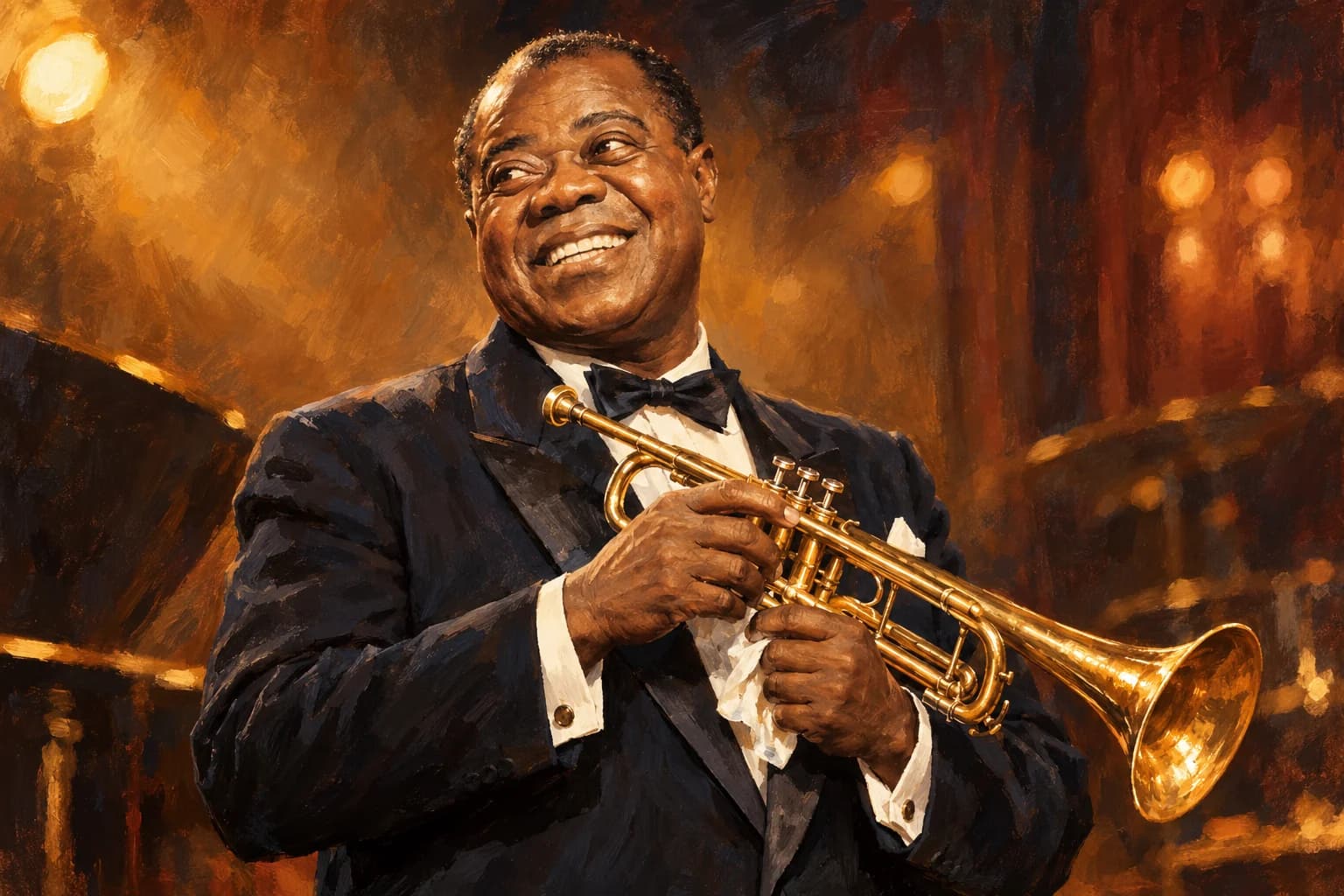 Portrait peint de Louis Armstrong, illustration originale créée avec l’IA