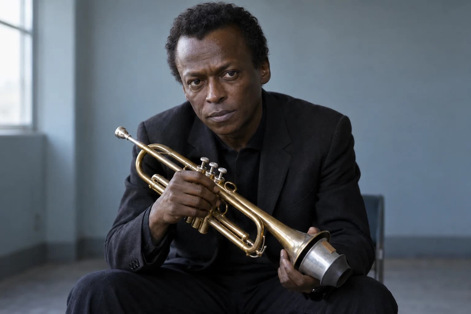 Portrait de Miles Davis au rendu photographique, création IA