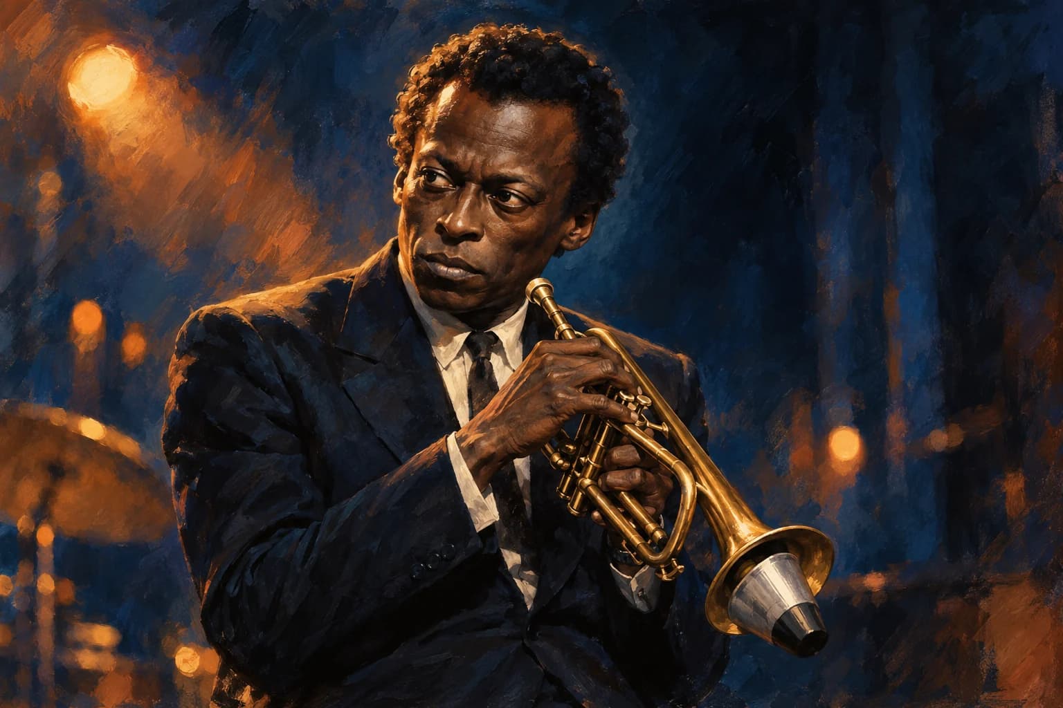 Portrait peint de Miles Davis, illustration originale créée avec l’IA